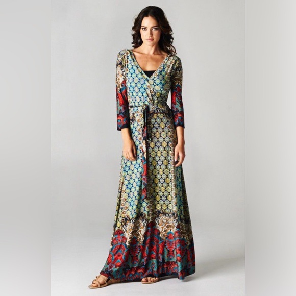 trlatrla Dresses & Skirts - Moroccan Boho Faux Wrap Maxi Dress 🌿 | V-Neck | Belted | Statement Print